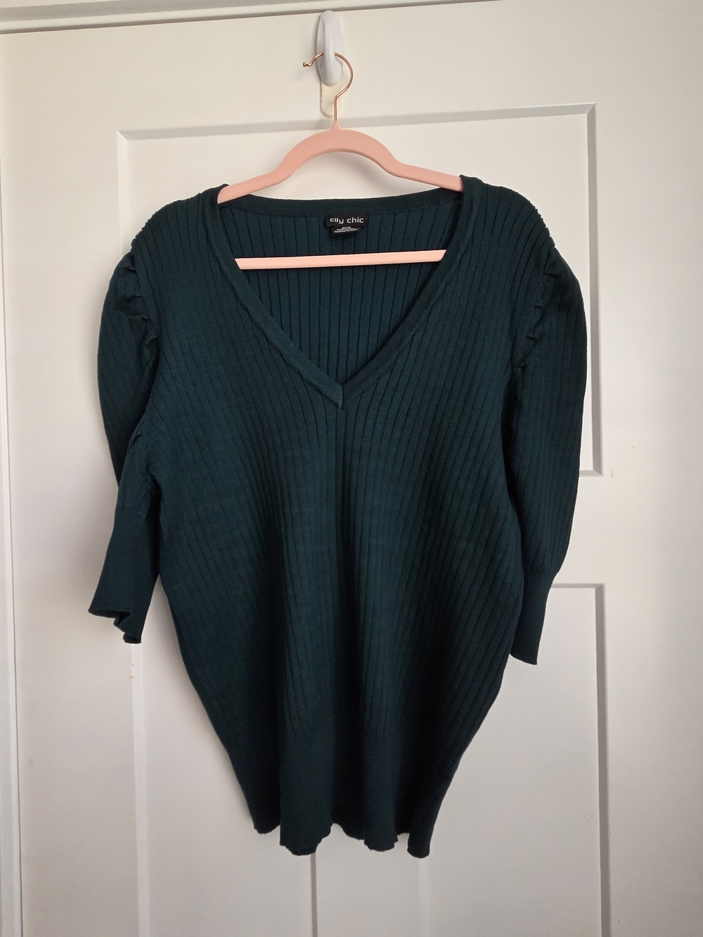 0036.  City Chic Teal Ribbed V-Neck Sweater